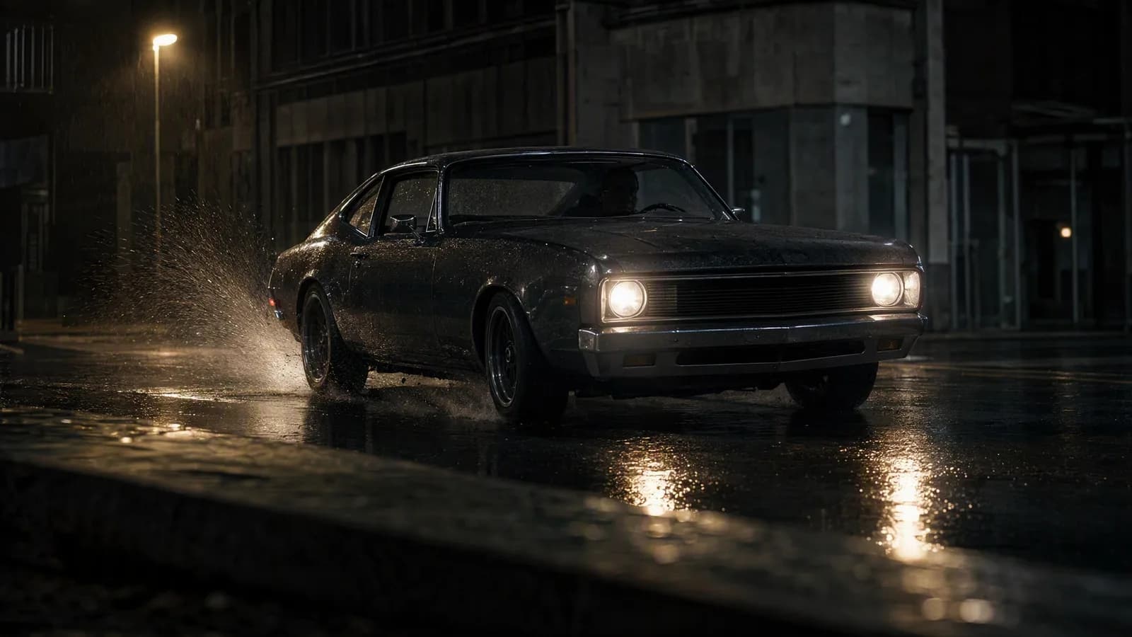 A classic car turning through a rain-soaked city street