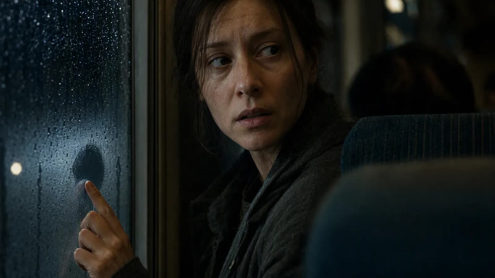 A train passenger turning beside a rain-covered window