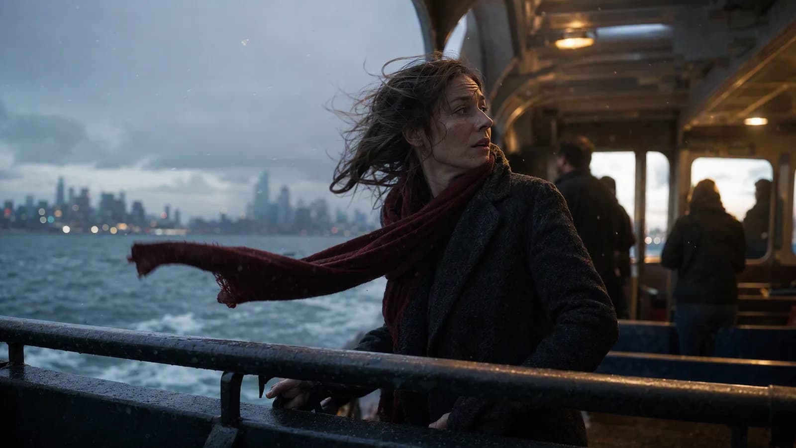 A woman turning as a red scarf streams across a windy ferry deck