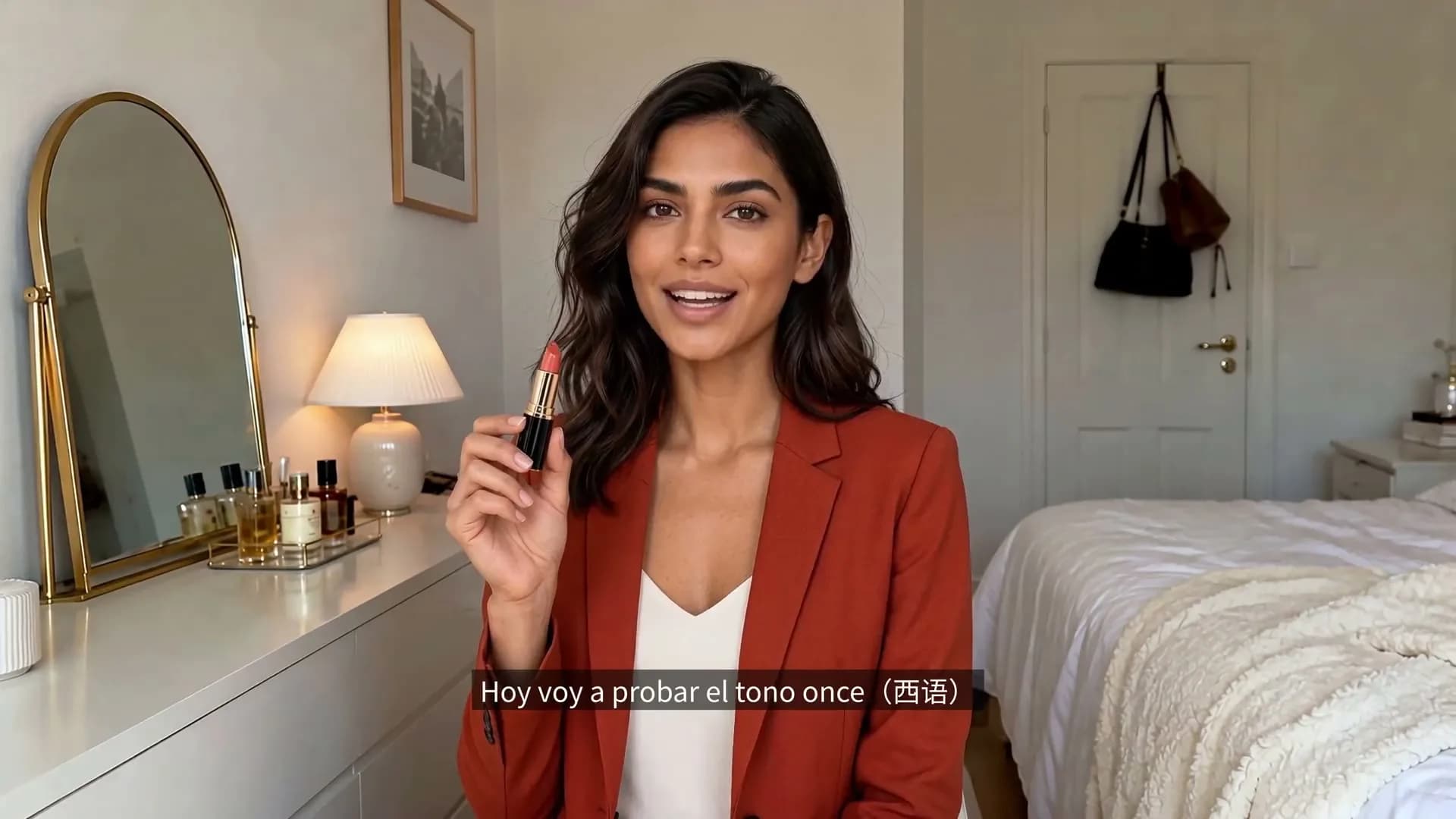 A beauty creator demonstrating lipstick in a bedroom studio
