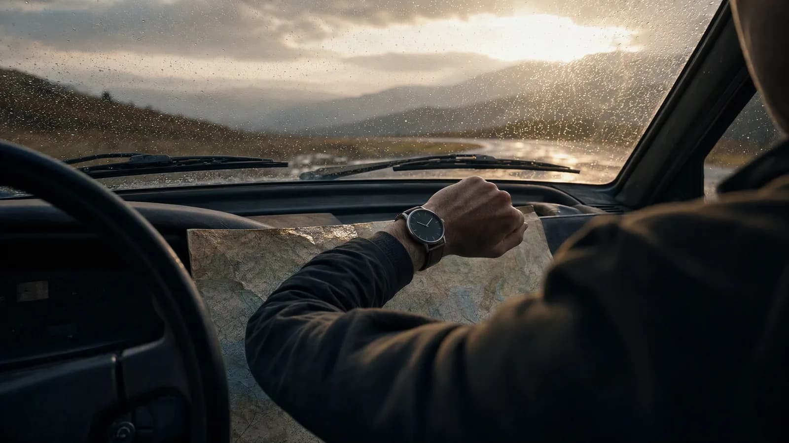 A traveler checking an unbranded watch above a road map