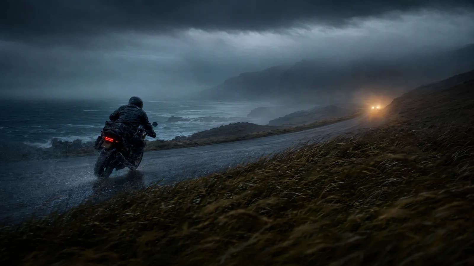 A motorcyclist riding a stormy coastal road toward distant headlights